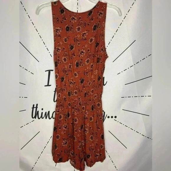 Mossimo Gauze Rust Burnt Orange Sunflower Summer Boho Romper w/ pockets - Picture 7 of 9